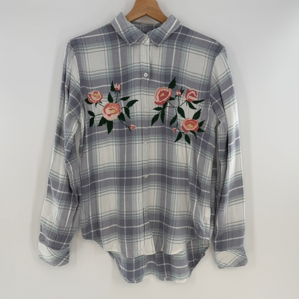 Rails Milo Floral Embroidered Plaid Flannel Blue White Size Small